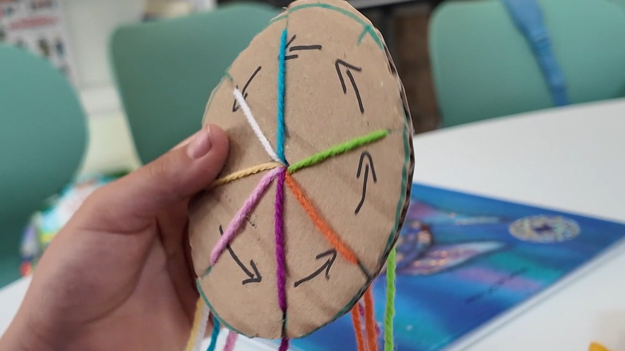 Disco de cartón con ocho ranuras, flechas dibujadas al revés que las agujas del reloj y siete hilos de lana de colores, con una ranura vacía