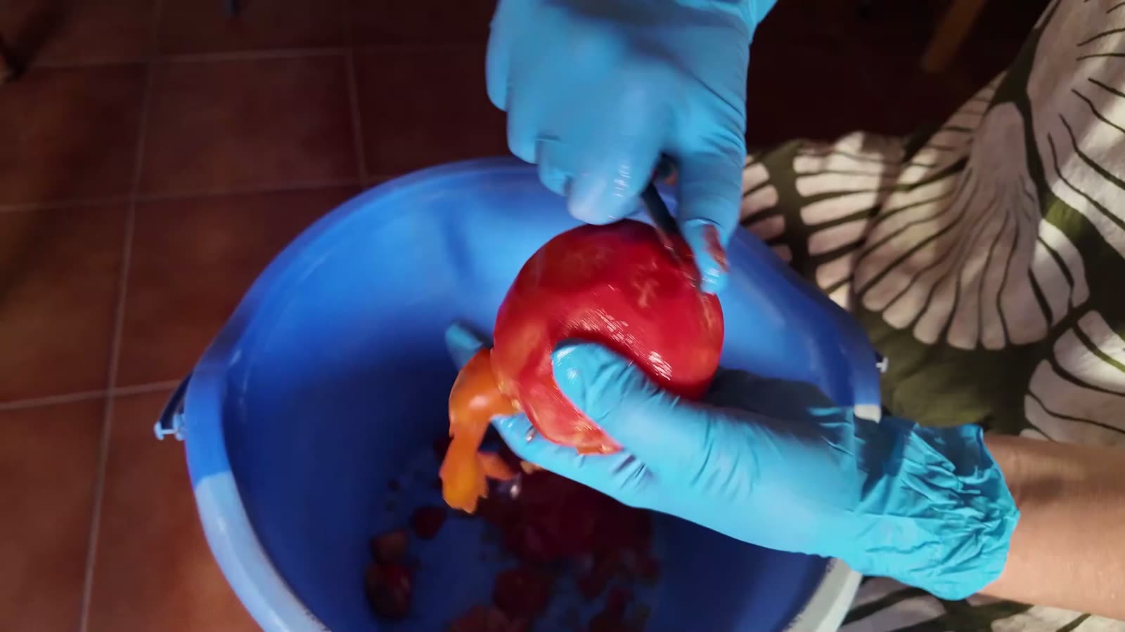 Manos con guantes pelando un tomate crudo a mano sobre un barreño, sin escaldarlo